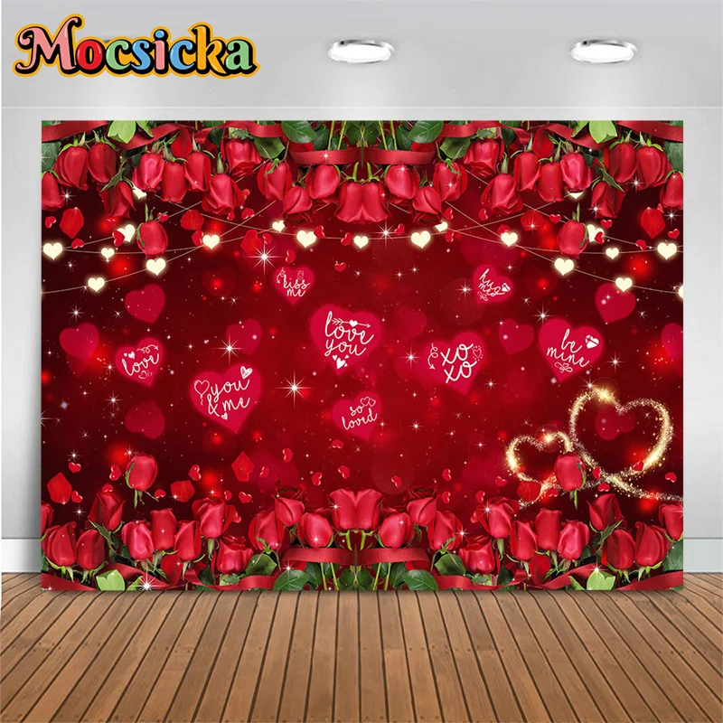 

Red Rose Love You Background Valentine's Day Flower Biss Me Wedding Backdrop Photography Decor Baby Girls Portrait Photo Studio