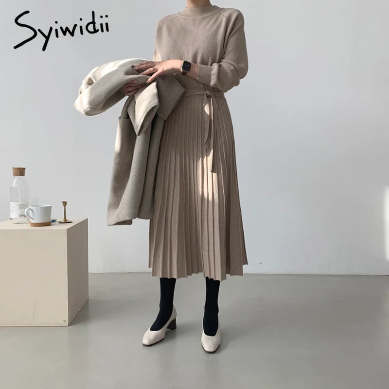 Syiwidii Women's Dress Office Spring Autumn 2022 New Knitted A Line Elegant Dresses with Sashes Casual Midi Long Pleated Dress 3