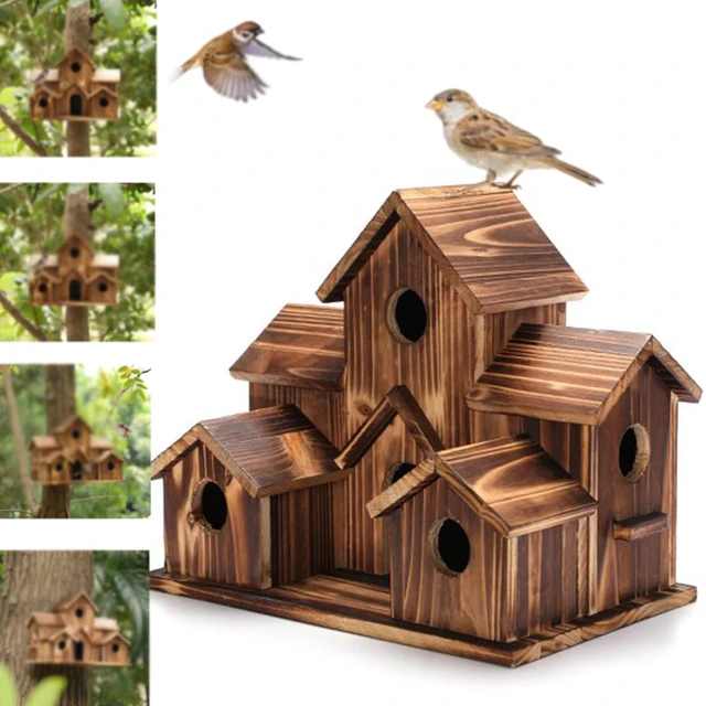 Maison d'oiseau en bois naturel fait à la main, nichoir, décoration de  jardin, 6 trous - AliExpress