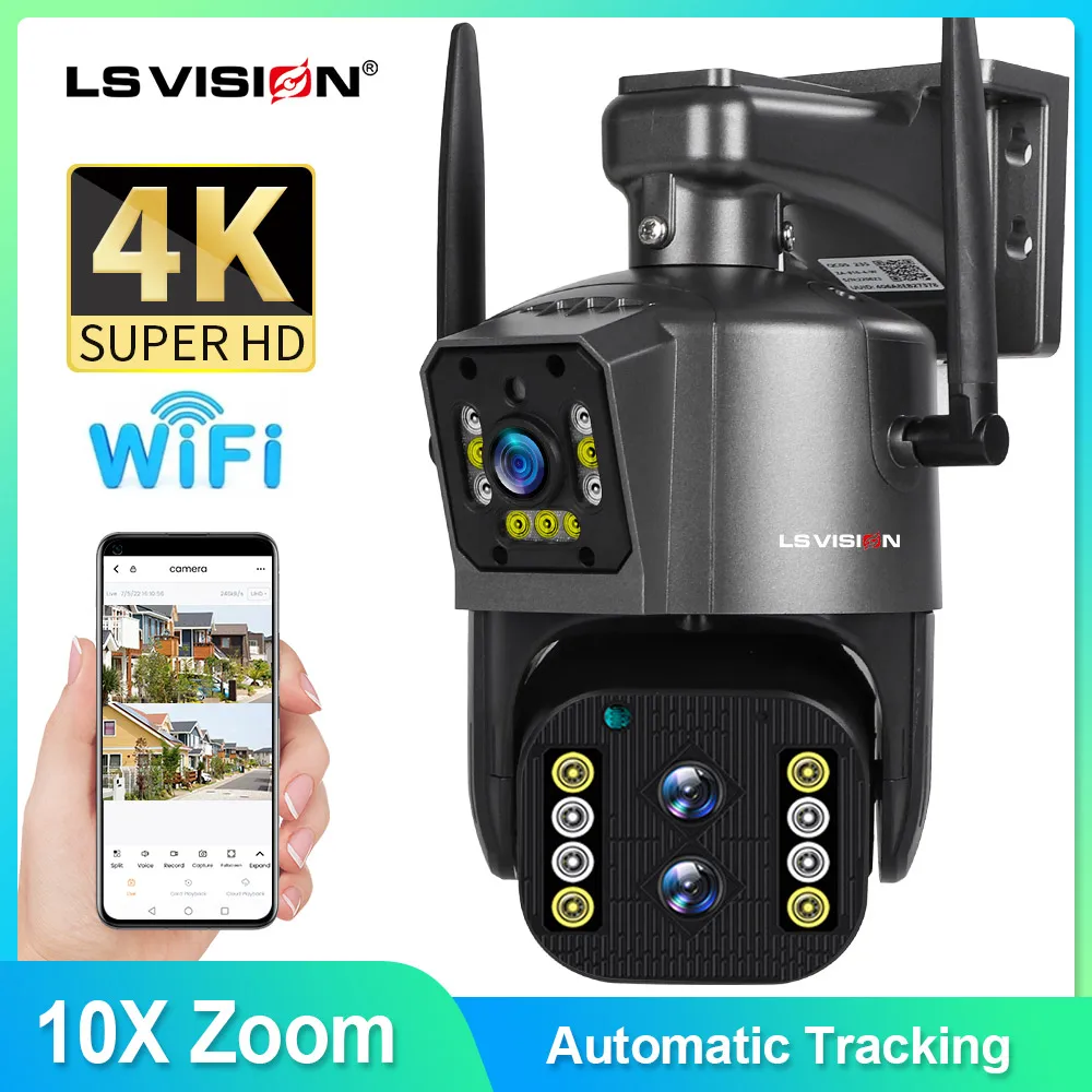 LS VISION Outdoor Wifi Security Camera 8MP 4K 10X Zoom Surveillance IP 3 Lens Dual Screen Cameras Ai Auto Tracking CCTV Cam