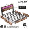 Queen Size Bed Frame with 4 Storage Drawers, Charging Station and LED Lights,2 Tier Headboard Storage, Noise Free, Bed Frame 2