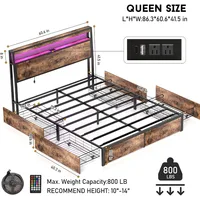 Queen Size Bed Frame with 4 Storage Drawers, Charging Station and LED Lights,2 Tier Headboard Storage, Noise Free, Bed Frame 2