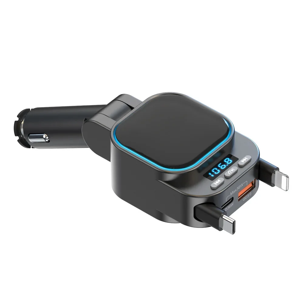Cigarette lighter type car bluetooth MP3 player lossless sound quality double telescopic cable car charger charging automatic