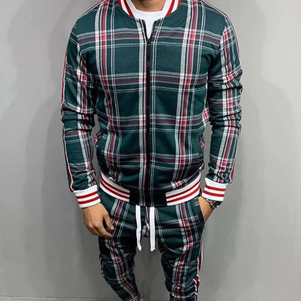 New Zipper Set Colorful Plaid Men Casual Autumn Tracksuit Set Male Sweatshirt Pocket Fashion Jackets Men Tracksuit Sets Mens set 3