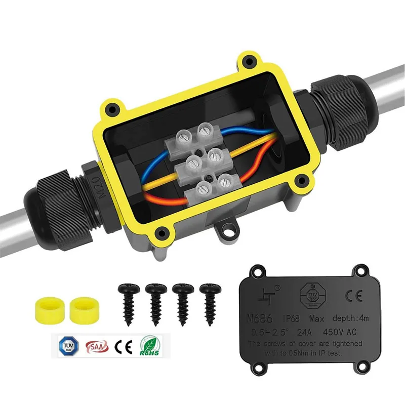 방수 정션 박스, IP68 양방향 3 핀 4-11mm, 밀폐형 지연 와이어 커넥터, 24A, 450V, LED 야외 전기 정션 박스
