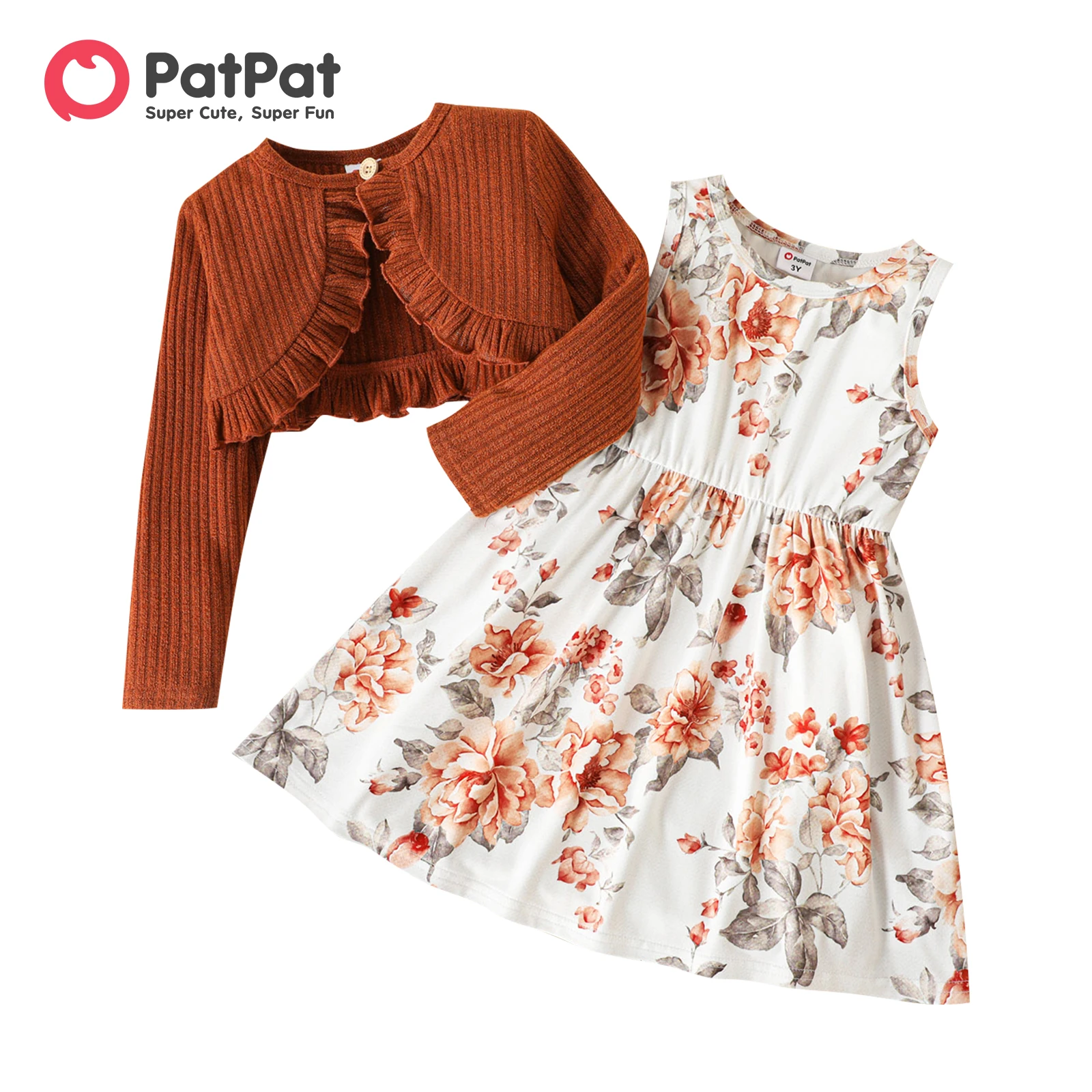 

PatPat 2pcs Toddler Girl Floral Print Sleeveless Dress and Ruffled Brown Cardigan Set