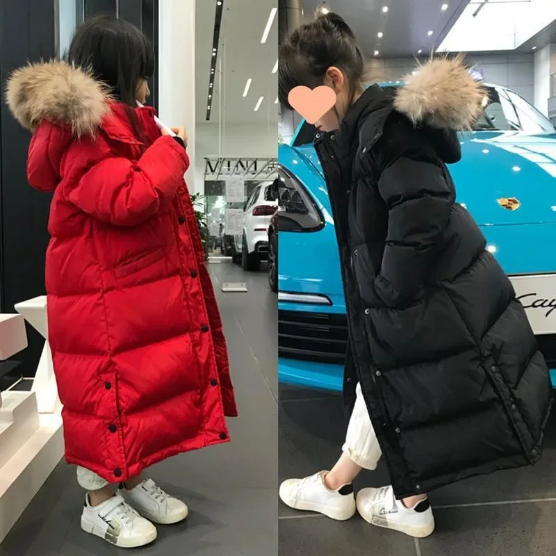 

Boys Girls Cotton Padded Fur Collar Jacket Children Long Over-the-knee Korean Thickened Coats Kids Warm Hooded Parkas 3-14Yrs