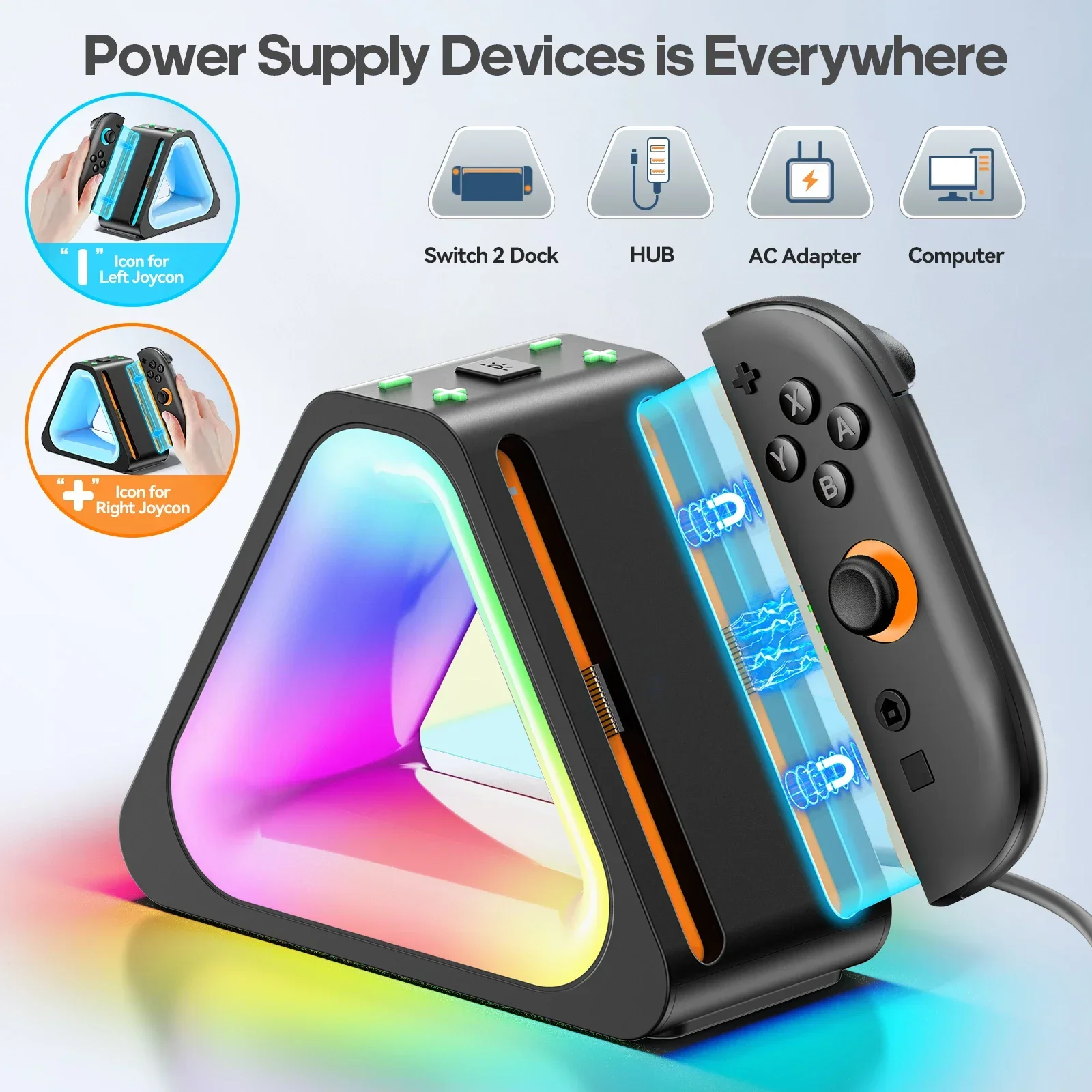 HBS-2801 controller Stand Charger for Switch 2 Switch2 Charging Dock for 4 Joycon handle charging base with LED colorful Lights