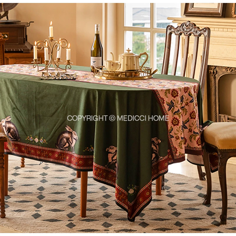 Medicci Home GG Style Inspired Velvet Tablecloth Italy Retro Green Rabbit Print Luxury Rectangle Table Cloth Cover Oval Overlay - Image 2