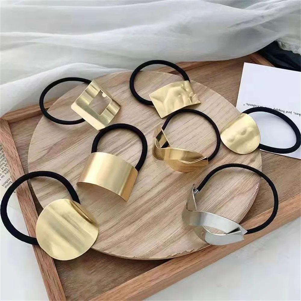 Fashion Metal Golden Hair Band For Women Girls Geometry Elastic Hair Ropes Handmade Hair Tie Head Band Hair Scrunchies Ornaments for xiaomi mi band 7 7 nfc mijobs cs metal case silicone watch band white silver