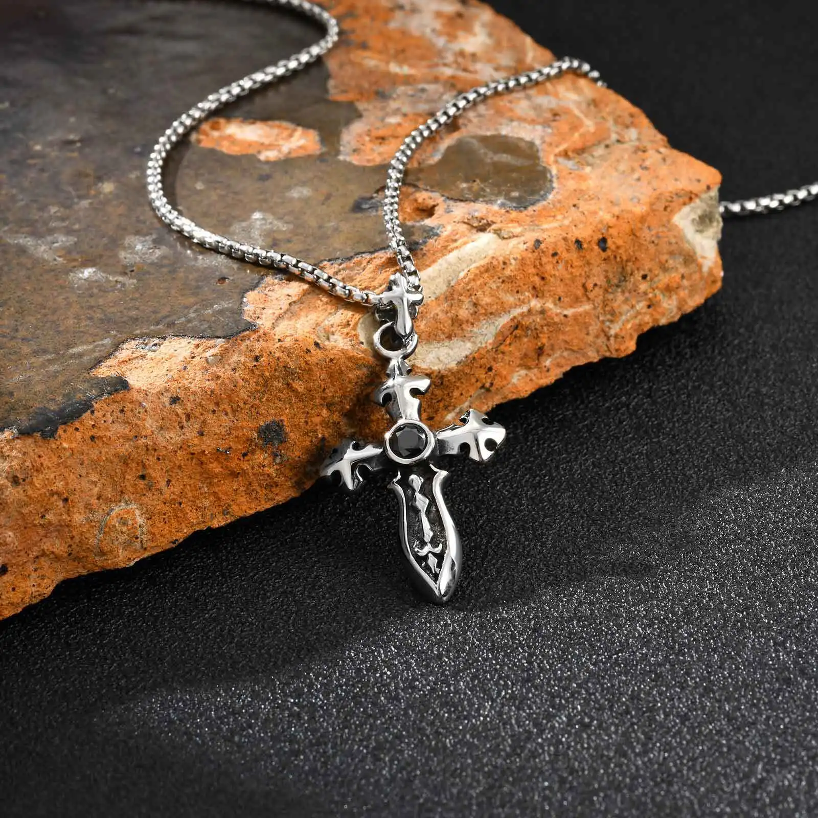 Retro Sword Shape Necklace for Men Boys,Stainless Steel Cross Pendant Necklace,Retro Punk Jewelry Gift
