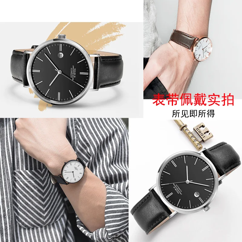 Genuine Black Leather Watch Band - Premium Waterproof Cowhide Strap