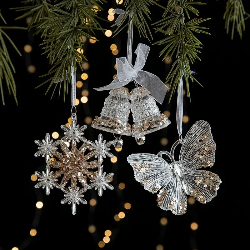 Christmas Tree Toys Acrylic Elk Bells Pendant Transparent Snowflake Pendants With Sequins Home Xmas Party Decoration Accessories