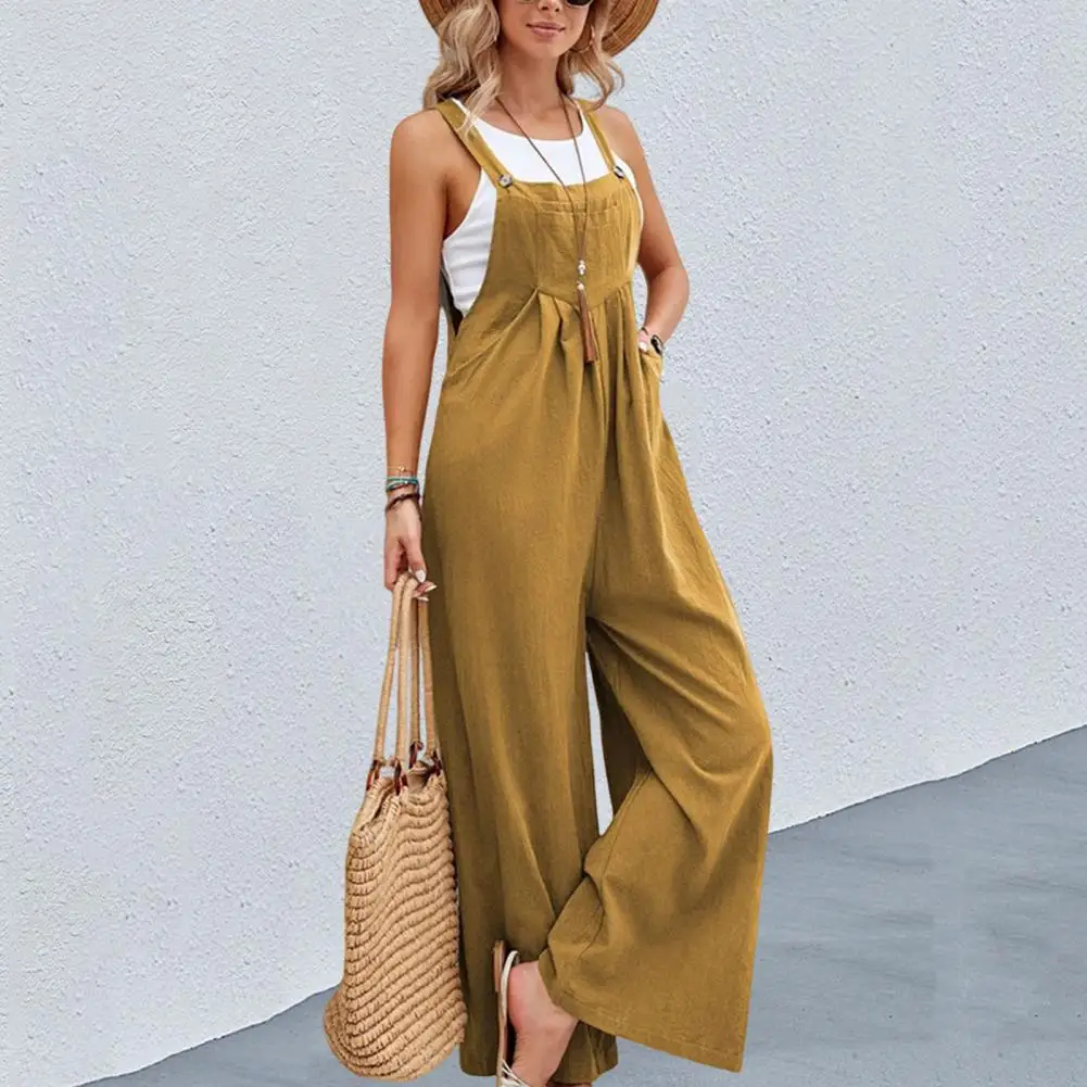 

Fashion Suspender Jumpsuit Button Decor Breathable Women Jumpsuit Wide Leg Suspender Jumpsuit