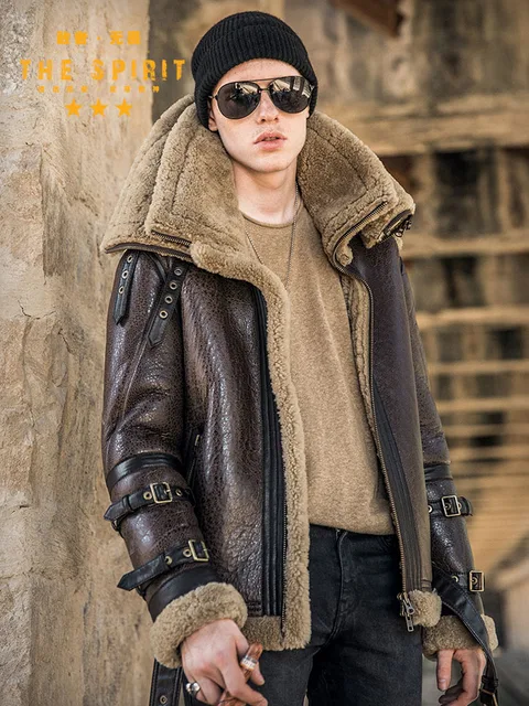High Quality Men Genuine Leather Coat Natural Shearing Sheepskin Jacket for Male Wool Liner Double Layer Collar Motor Pilot 7XL 2