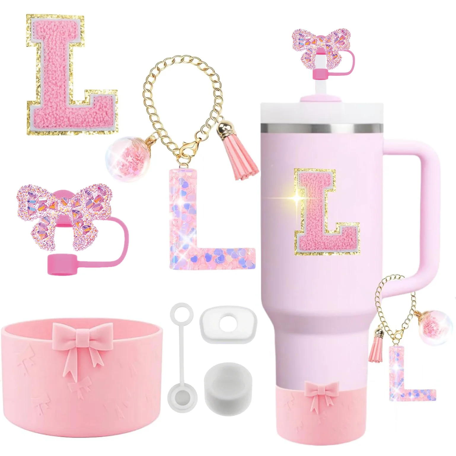 PINKPIN 7-Piece Stanley Cup Accessories Set - Includes Handle Strap, Silicone Boot, Straw Cover & Keychain Charms (Pink)