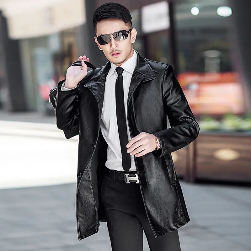 2021 autumn and winter new mid-length men's leather windbreaker jacket casual coat lapel business waterproof black PU coat men's genuine leather coats & jackets Casual Faux Leather