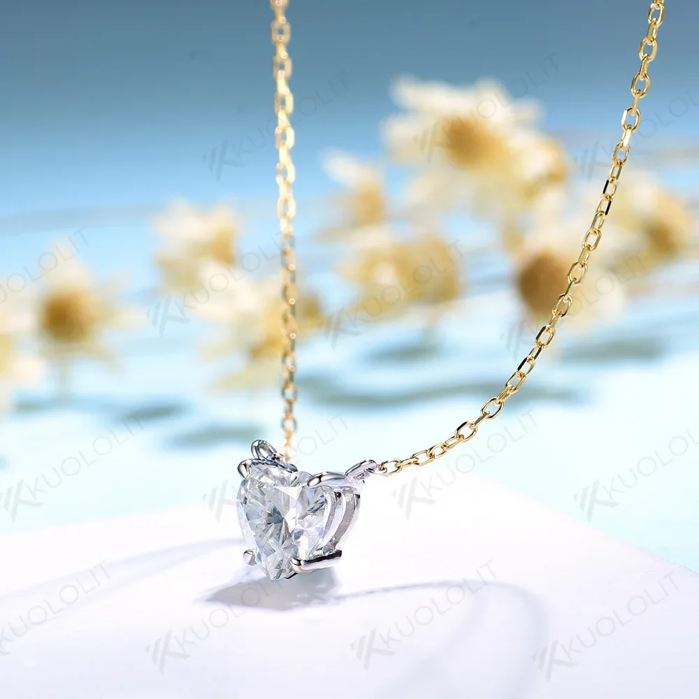 Kuololit 3CT Heart Moissanite Necklace for Women Solid 10K 14K 18K  