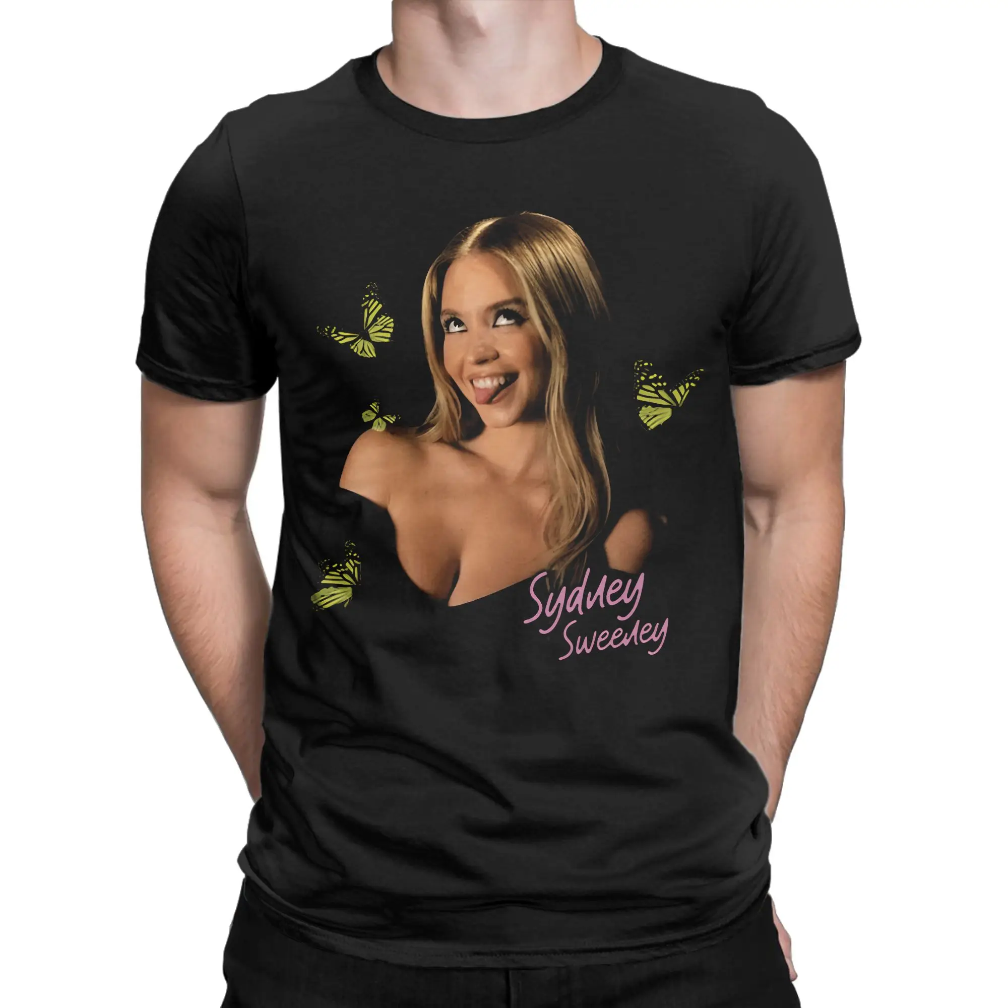 Sydney Sweeney T-Shirt Herren Baumwolle Neuheit T-Shirts Rundhalsausschnitt Schmetterling T-Shirt Kurzarm Kleidung Plus Size