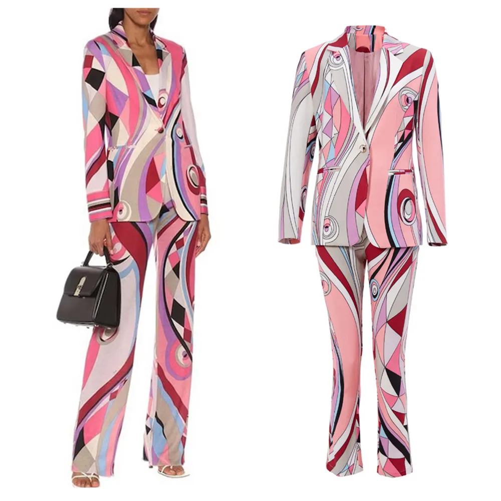 

Женский дизайнерский пиджак и брюки, розовый пиджак с длинным рукавом и принтом, повседневный элегантный роскошный комплект из 2 предметов, 20