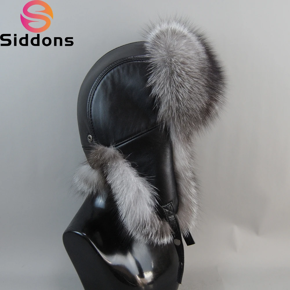 Men Outdoor Windproof Winter Natural Real Fox Fur Bombers Hats Raccoon Fur Cap Man Luxury Real Sheepskin Leather Hat