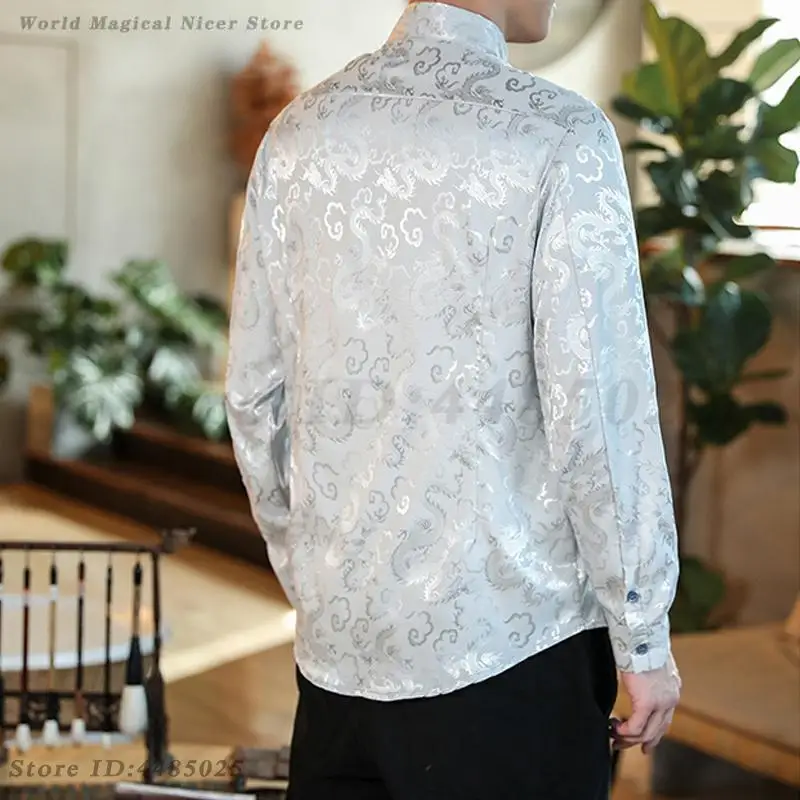 Men Chinese Dragon Shirt Coat Black Satin Mandarin Collar Tang Costume Top Large Size 5XL New Year Clothes Male Jackets Hanfu