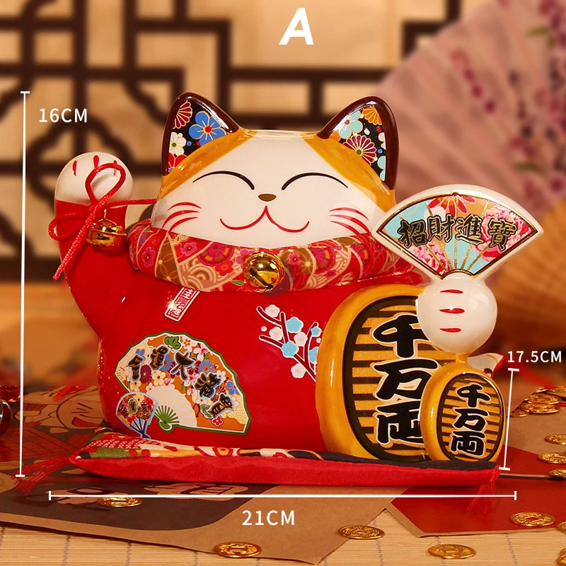 8 Inch Ceramic Maneki Neko Coin Bank Red Lucky Fortune Cat
