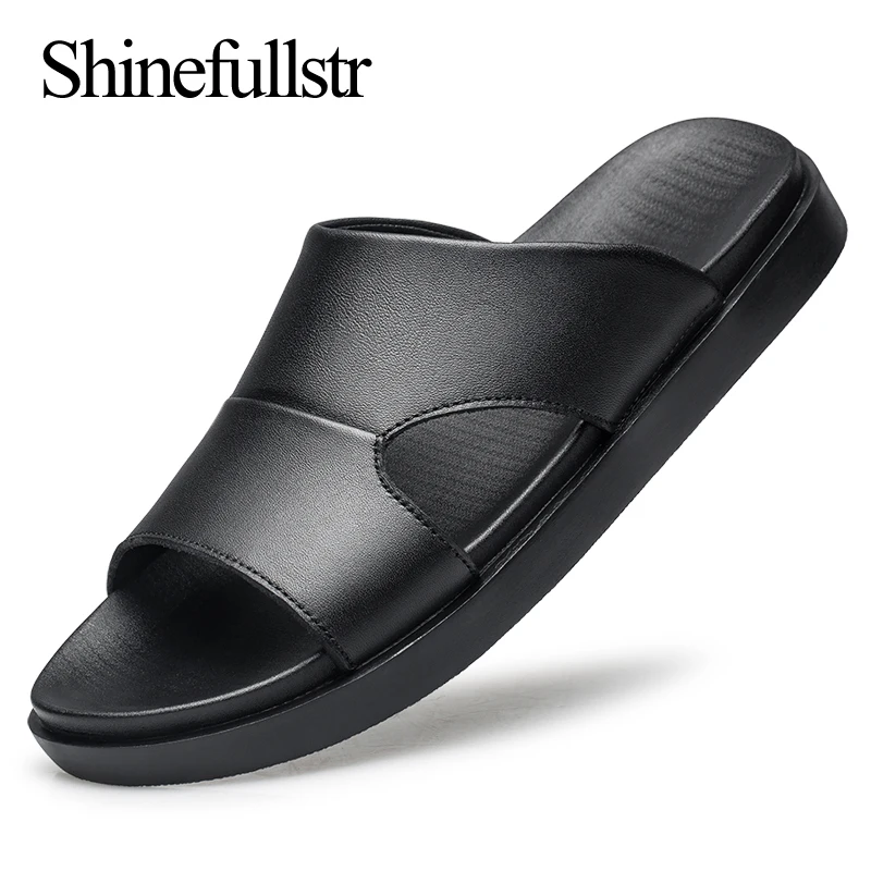 

Summer Men Anti Slip Genuine Leather Slippers For Men Black Flat Slides Slippers Rubber Soles Size 37-47