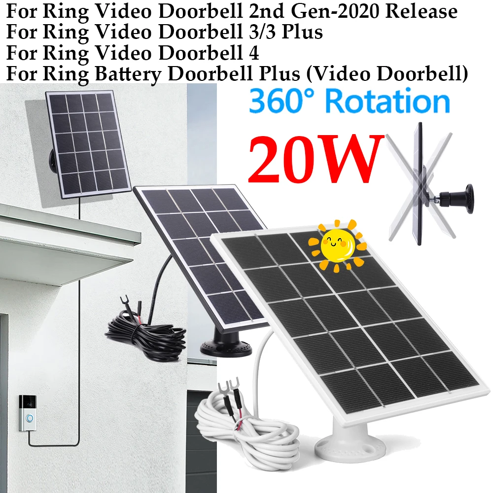 20W Solar Panel Charger for Ring Video Doorbell 4/3/3 Plus/2 360&deg; Adjustable Wall Mount with 9.8Ft Charging Cable