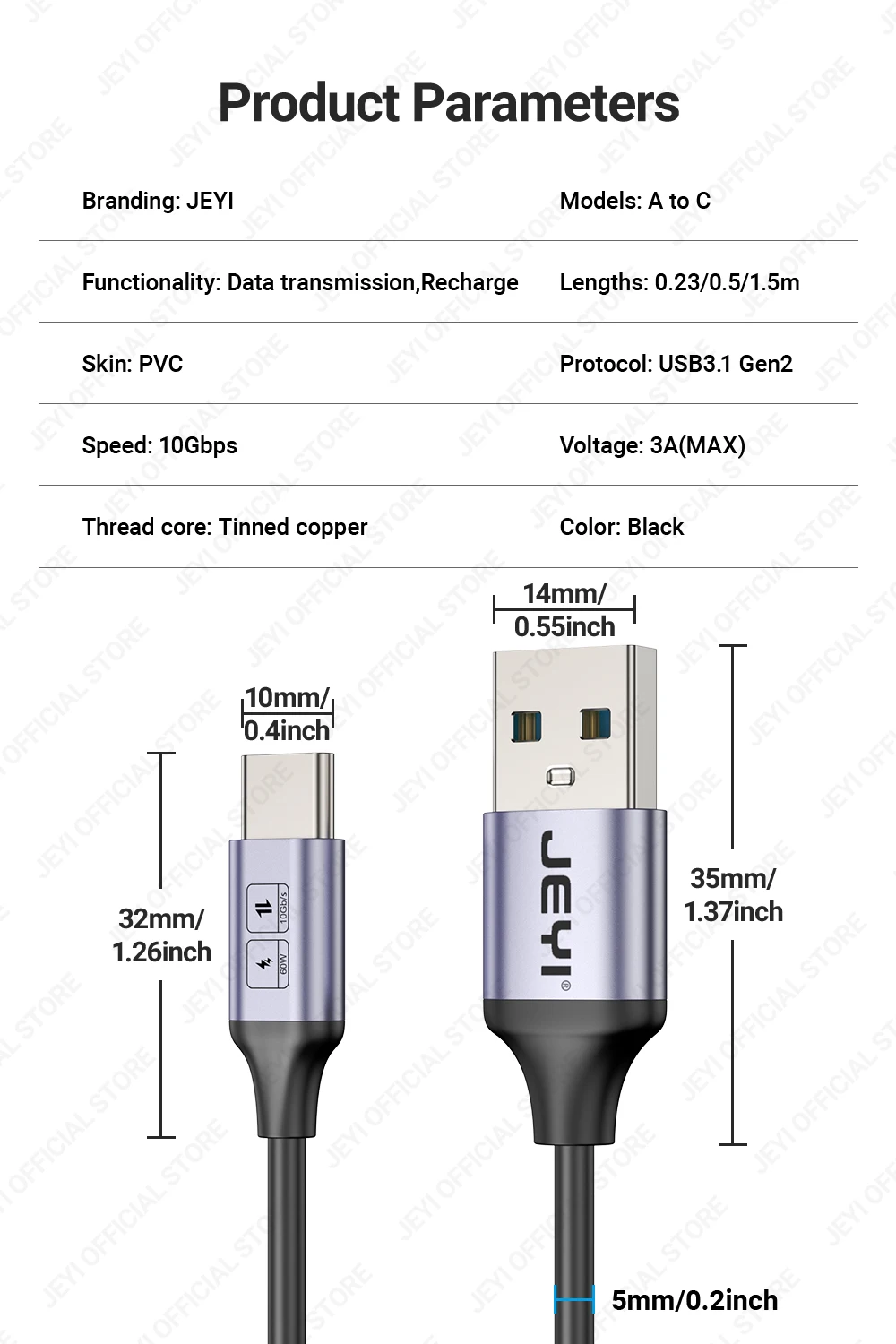 Jeyi usb a zu typ c kabel 60w schnell laden 10gbps daten kabel usb ladegerät für samsung xiaomi htc redmi huawei handy USB-C – Detail 10