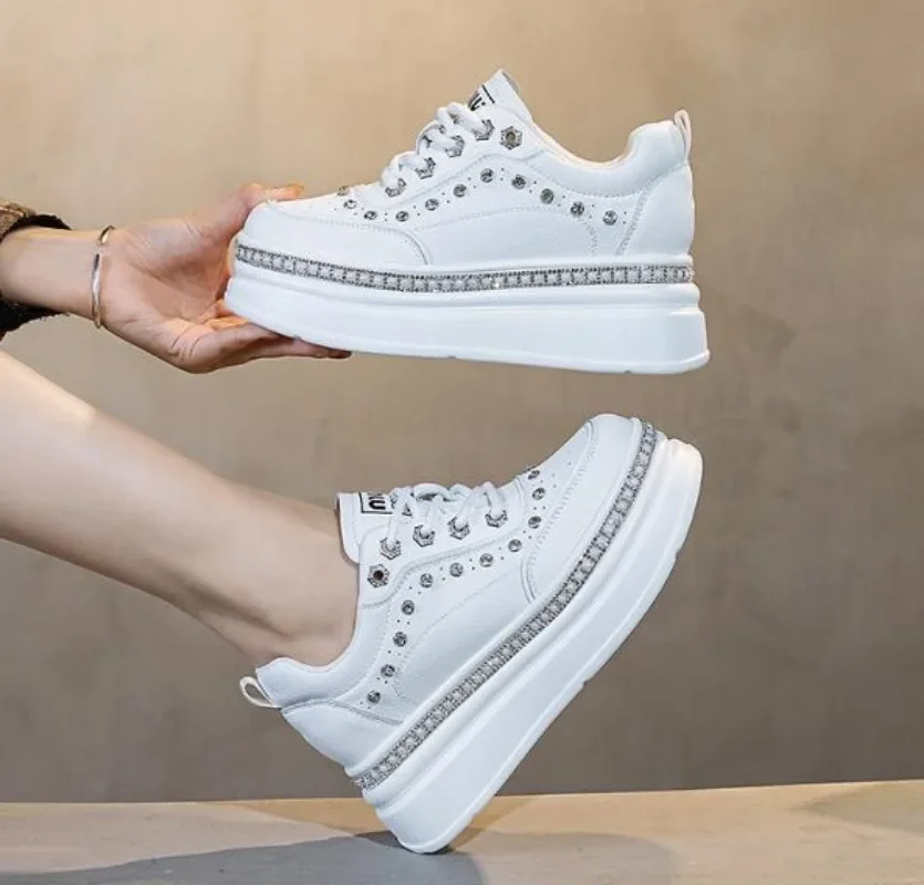 7cm Genuine Leather Women Fashion Casual Bling Chunky Sneakers Platform Wedge Vulcanized Autumn Spring Hidden Heels Ladies Shoes 3