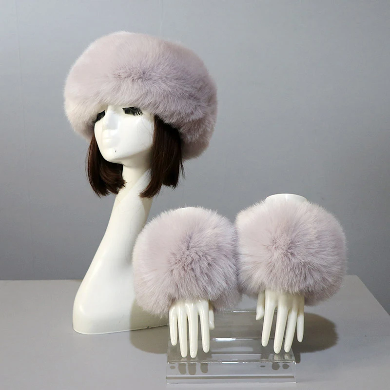Winter Faux Fur Headband And Cuffs Set For Women Furry Warm Wrist Sleeve Gloves And Empty Top Cap Female Russian Style Decor