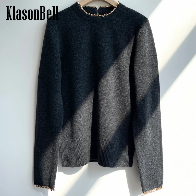 

1.5 KlasonBell New Fashion Metal Chain Neckline Decoration Long Sleeve Wool Cashmere Knitted Soft Pullover Sweater Women