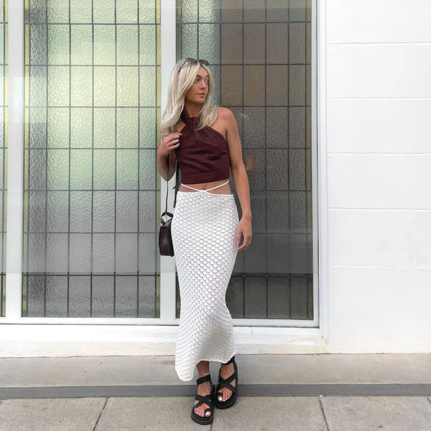 Beach See Through Long Skirts For Women Low Waist White Knitted Pencil Skirt Buttom Female Summer Fashion Party Clubwear