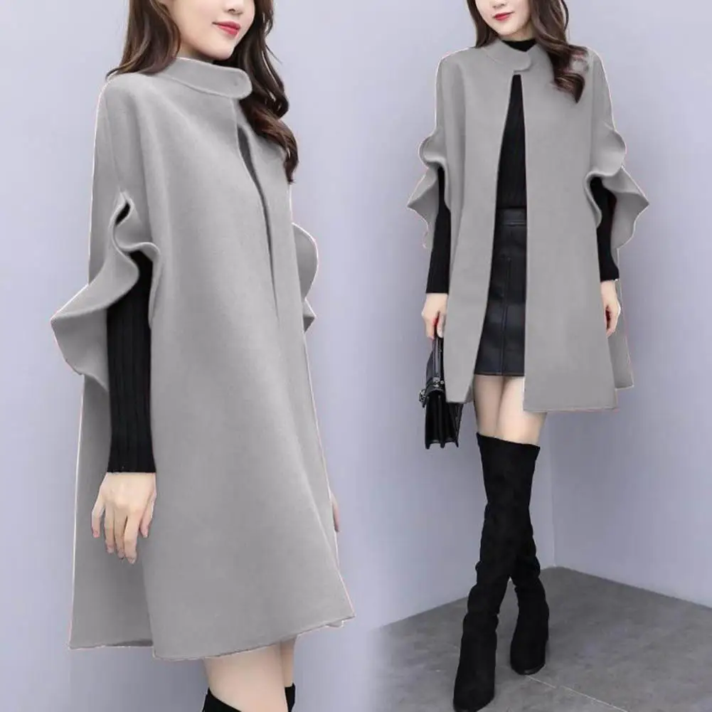 

Women Winter Coat Solid Color Ruffle Formal Elegant Big Hem Midi Length Long Sleeves Cardigan Stand Collar Lady Cloak Coat