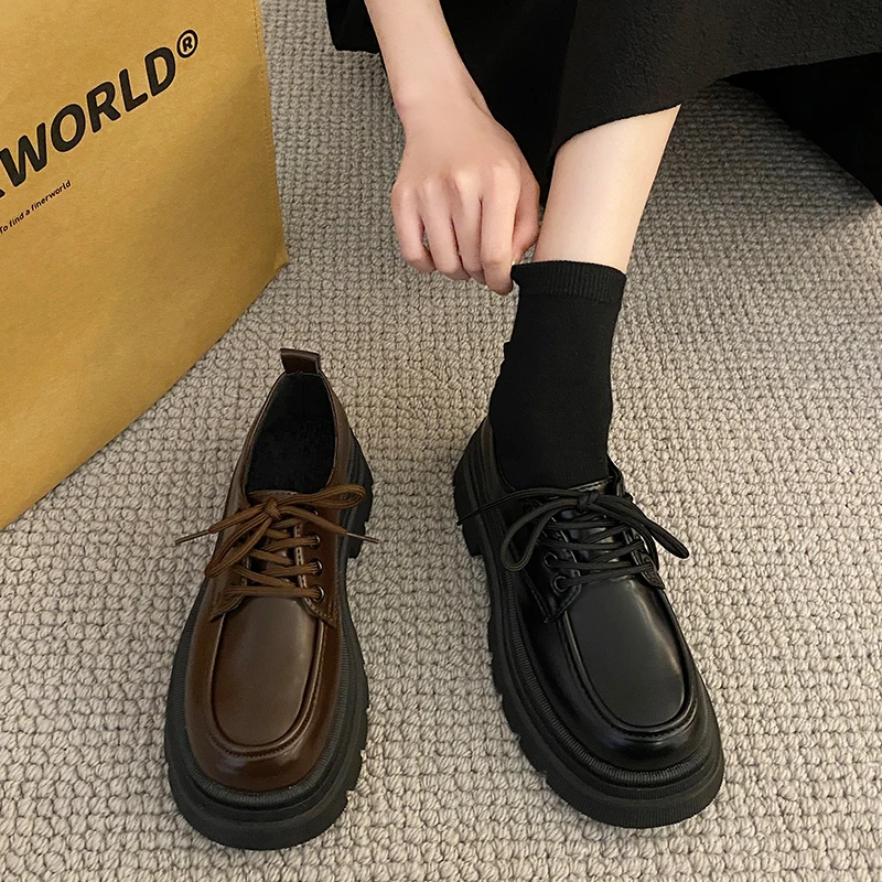 

Лоферы с мехом женские, повседневные туфли-оксфорды на платформе, на плоской подошве, в Корейском стиле, в британском стиле, черные кроссовки с круглым носком