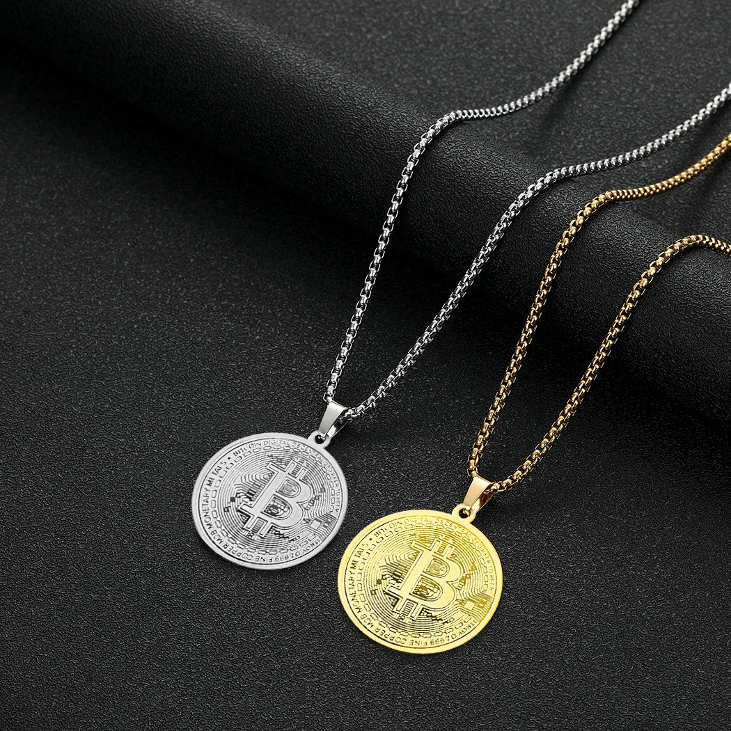 QIMING Stainless Steel Bitcoin Pendant Necklace For Women Medal Symbol  Round Circle Punk Jewelry Vintage Men Necklace - AliExpress