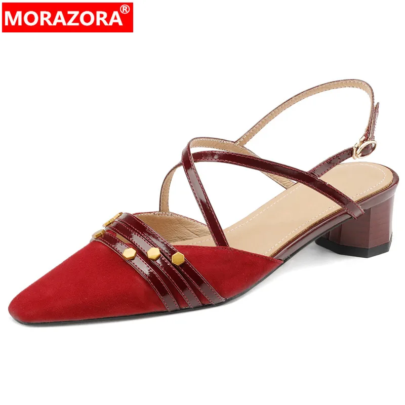 

Женские замшевые босоножки MORAZORA, черные замшевые босоножки на толстом среднем каблуке, с ремешком на пятке, с пряжкой, лето 2023