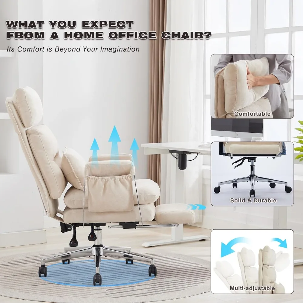 Large Tall Fabric Computer Chair, Comfortable Ergonomic Home Office Chair with Footrest, Cute Chenille Fabric High Back Recliner 3