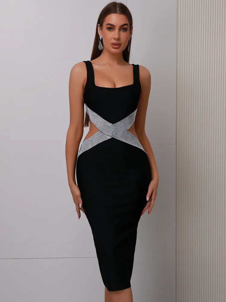 Women Fashion Sexy Backless Halter Black Midi Bodycon Bandage Dress 2025 Elegant Evening Club Luxury Birthday Party Dresses main image 1