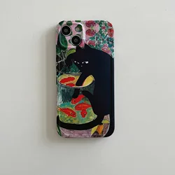 Vintage INS Oil Painting Black Cat & Fish Bowl Lovely Phone Case Back Cover - iPhone 14 (1)
