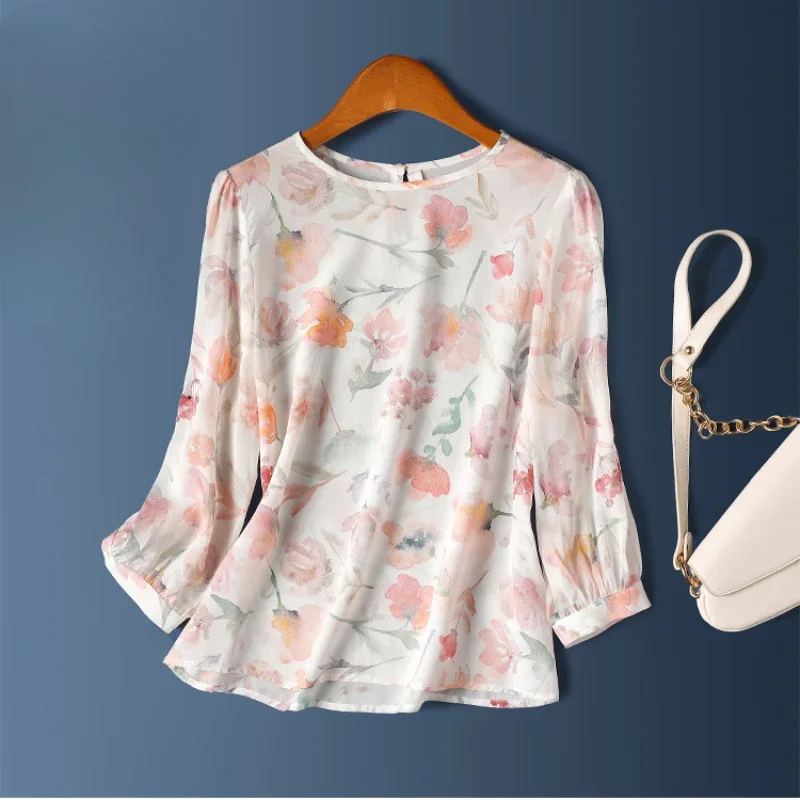 Chiffon Vintage Women's Shirt Summer Prints Blouses Loose Fit Short Sleeve Women Tops O-necks Fashion Clothing 2024 Korean