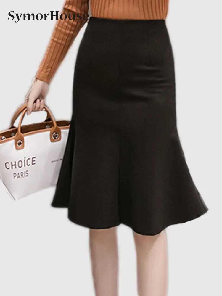 

Black Bodycon Ruffles Skirts Women New Arrival Fashion Elegant High Waist Office Lady Elastic Red Mermaid Midi Skirt Female