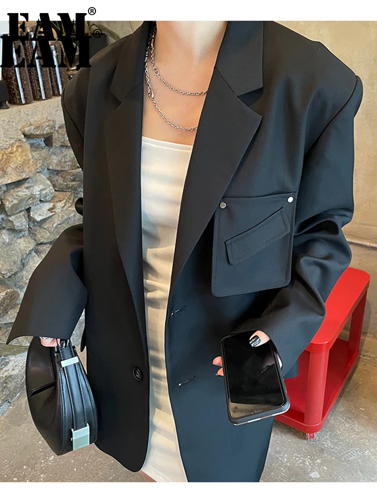 [EAM] Women Black Pocket Big Size Blazer New Lapel Long Sleeve Loose Fit Jacket Fashion Tide Spring Autumn 2022 1DE2283 | Женская одежда