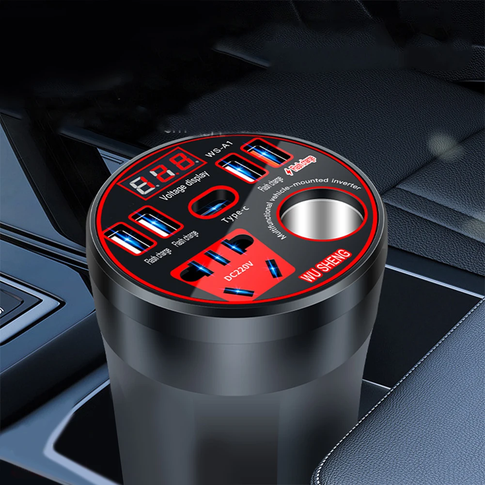 200W 자동차 전압 변환기 DC12V/24V에서 220V로 변환하는 자동차 시거잭 플러그 전압 변환기, 자동차 가전제품용 4개 USB 포트 및 1개 타입-C 포트 포함