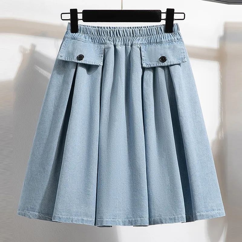 

High Waist Knee-length Denim Skirt Women New 2024 Summer Simple Style Solid Color Loose Female A-line Casual Skirts B3849