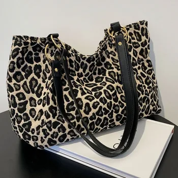 Borsa tote da donna con stampa leopardata Borsa a tracolla di grande capacità Borsa in velluto a coste moda invernale