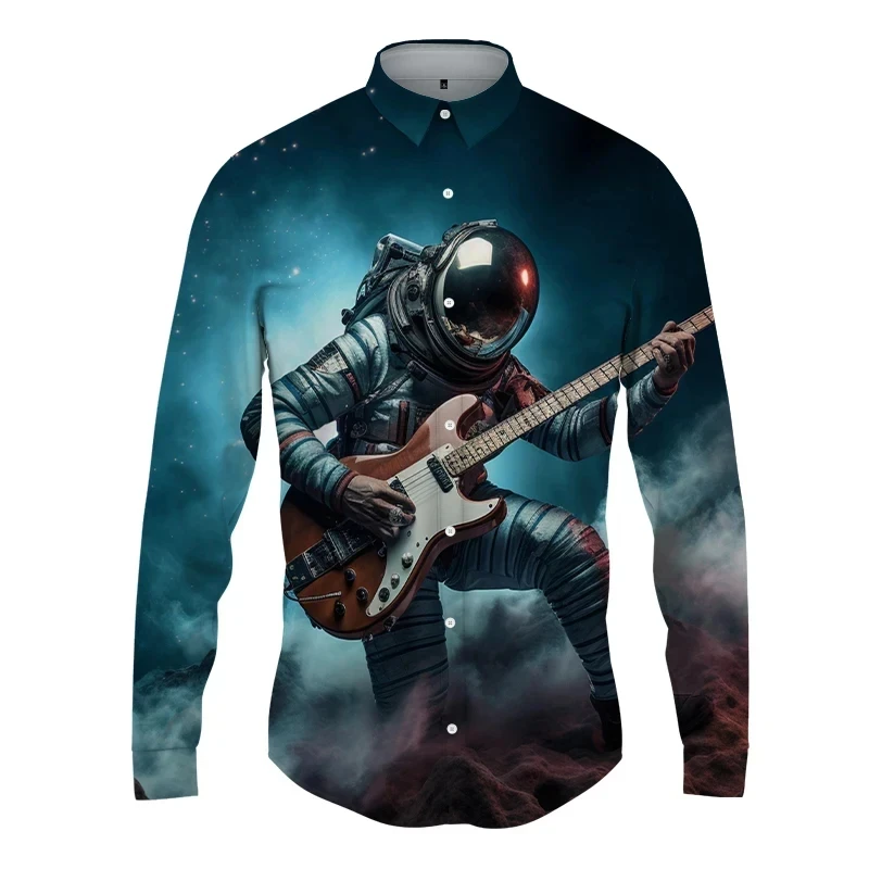 thumbnail image 1 of Camisetas con estampado 3D de astronauta espacial para hombre, camisetas casuales de manga larga con botones, ropa de calle, blusa de gran tamaño para hombre, 1 of 5