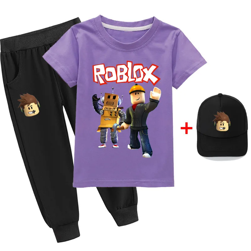 Roblox-camiseta bidimensional de algodão fino para meninos e meninas, terno  e chapéu de manga curta, animação periférica, melhor presente, novo