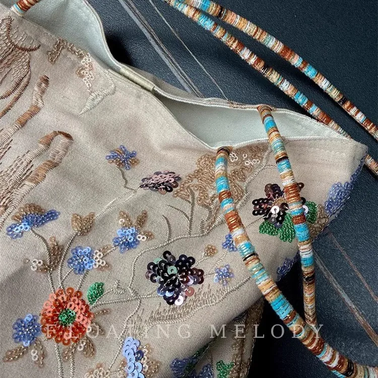 Flower Printed Women's Shoulder Bags 2025 Fashion Shopping Large Capacity Handbag Student Girls Bead Embroidered Tote